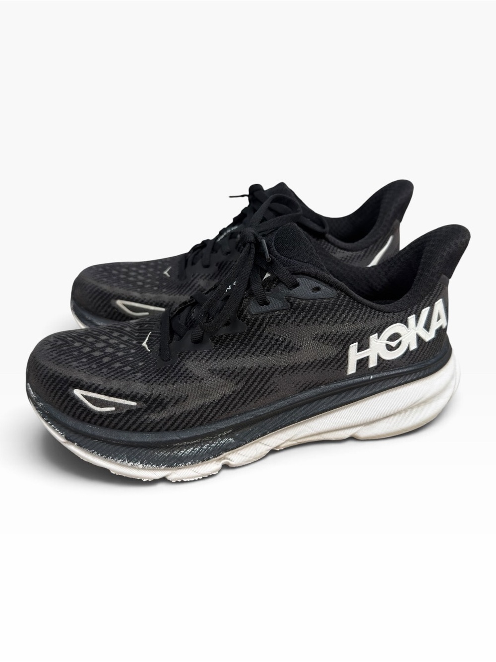 HOKA Clifton 9 Black White Running Shoes Mens 8D Cushioned Athletic Sneakers
